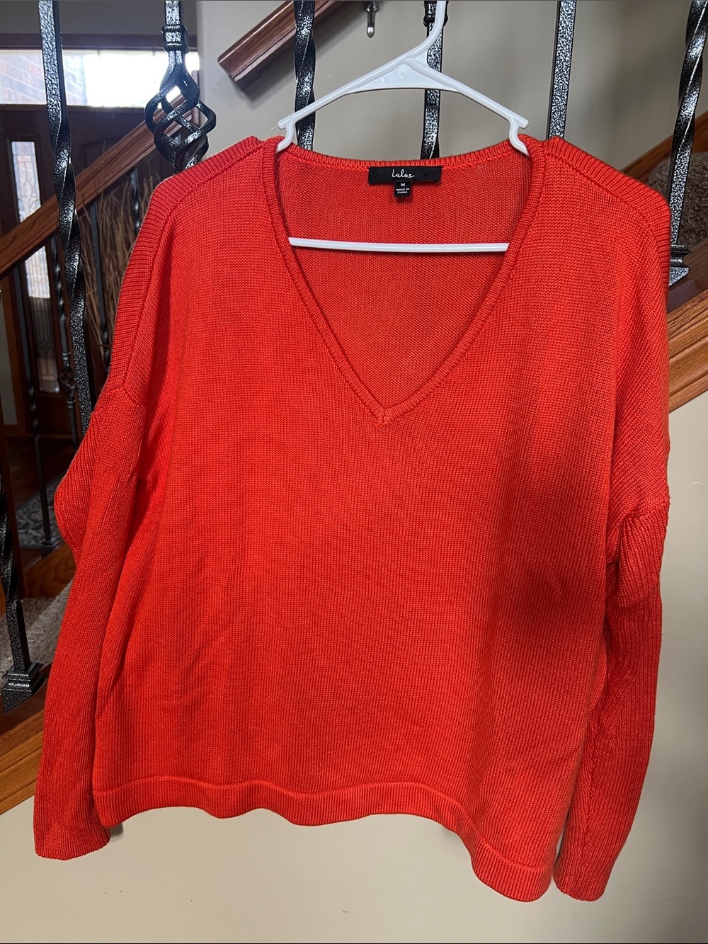 Lulu's Bright orange V-Neck Knit Pullover Sweater